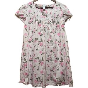 Madonna Sleepwear Pink Floral Hummingbird Cotton Nightgown Lace Trim Medium